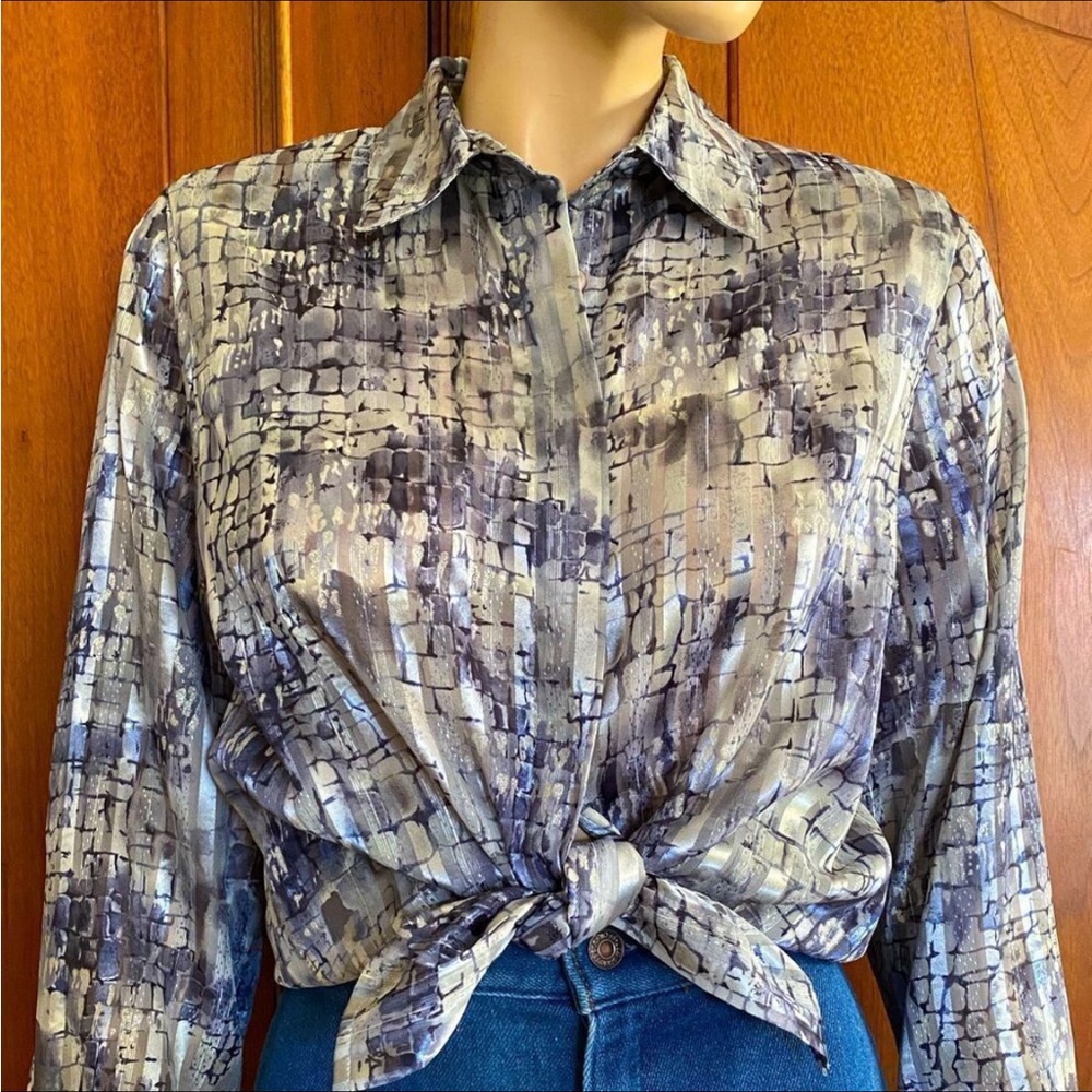 Vintage Top Metallic Blouse Button Up Shirt Geo Print w/Shoulder Pads Size 8